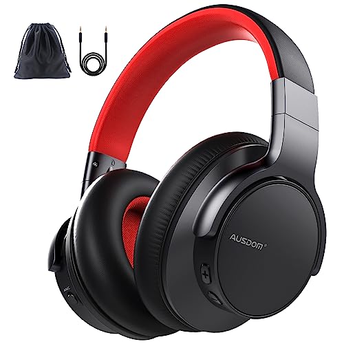 AUSDOM Bluetooth Noise Cancelling Headphones: E7 Wireless Over Ear ANC Headphones with Microphone, 50H Playtime, Hi-Fi Stereo Sound, Comfortable Earpads for Travel Work Adults, Black Red