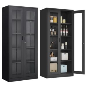 afaif glass display cabinet curio cabinet with glass door & 4 adjustable shelves, liquor cabinet with lock, 71"h tall bookshelf bookcase metal storage cabinet display case for home office living room