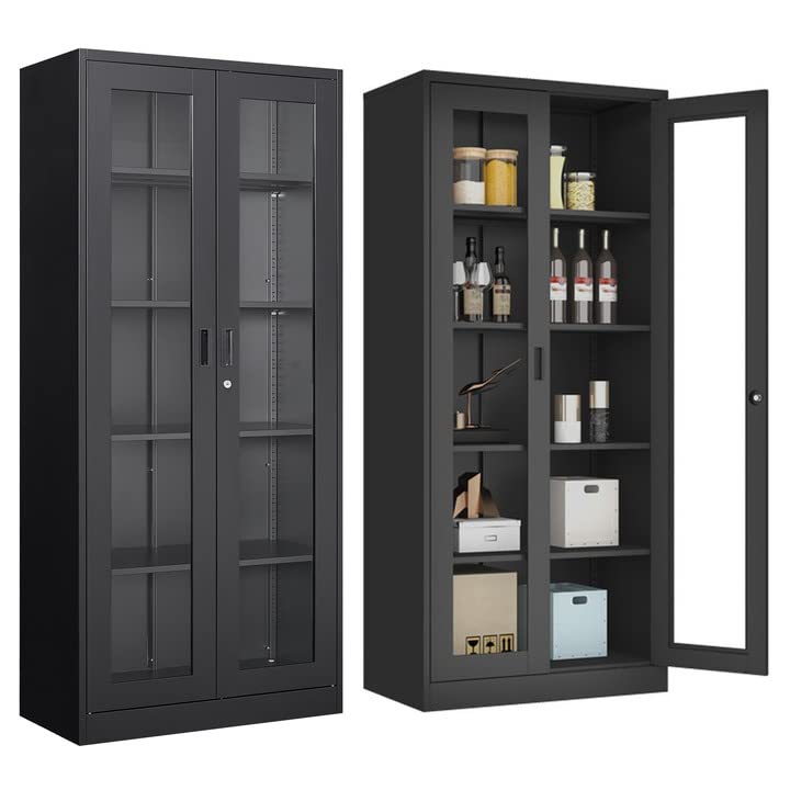 AFAIF Glass Display Cabinet Curio Cabinet with Glass Door & 4 Adjustable Shelves, Liquor Cabinet with Lock, 71"H Tall Bookshelf Bookcase Metal Storage Cabinet Display Case for Home Office Living Room