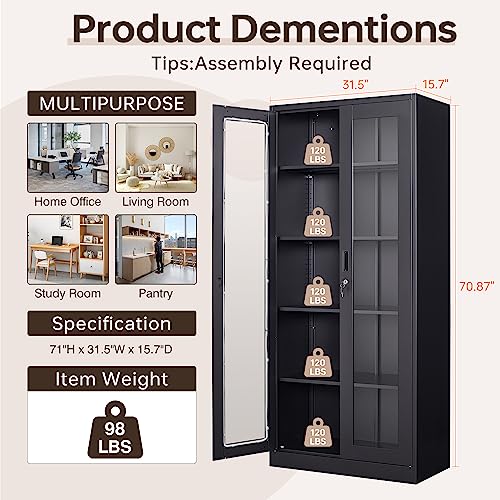 AFAIF Glass Display Cabinet Curio Cabinet with Glass Door & 4 Adjustable Shelves, Liquor Cabinet with Lock, 71"H Tall Bookshelf Bookcase Metal Storage Cabinet Display Case for Home Office Living Room