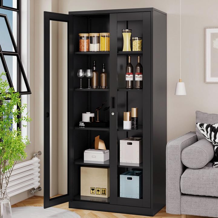AFAIF Glass Display Cabinet Curio Cabinet with Glass Door & 4 Adjustable Shelves, Liquor Cabinet with Lock, 71"H Tall Bookshelf Bookcase Metal Storage Cabinet Display Case for Home Office Living Room