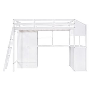 BIADNBZ Twin Size Loft Bed with Storage Wardrobe and Drawers, Wood Loftbed Frame w/Desk and Shelves for Kids/Boys/Girls/Teens Bedroom, White