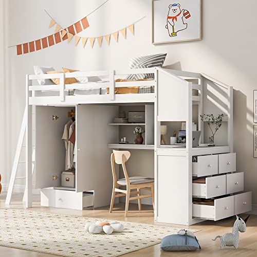 BIADNBZ Twin Size Loft Bed with Storage Wardrobe and Drawers, Wood Loftbed Frame w/Desk and Shelves for Kids/Boys/Girls/Teens Bedroom, White