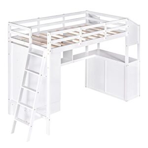 BIADNBZ Twin Size Loft Bed with Storage Wardrobe and Drawers, Wood Loftbed Frame w/Desk and Shelves for Kids/Boys/Girls/Teens Bedroom, White