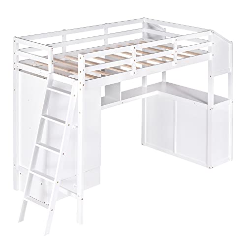 BIADNBZ Twin Size Loft Bed with Storage Wardrobe and Drawers, Wood Loftbed Frame w/Desk and Shelves for Kids/Boys/Girls/Teens Bedroom, White