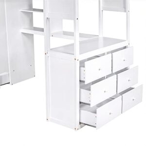 BIADNBZ Twin Size Loft Bed with Storage Wardrobe and Drawers, Wood Loftbed Frame w/Desk and Shelves for Kids/Boys/Girls/Teens Bedroom, White