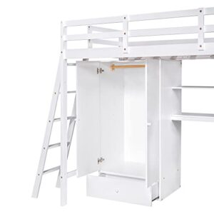 BIADNBZ Twin Size Loft Bed with Storage Wardrobe and Drawers, Wood Loftbed Frame w/Desk and Shelves for Kids/Boys/Girls/Teens Bedroom, White