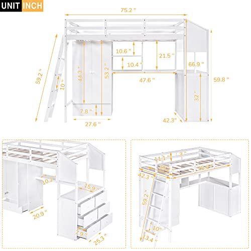 BIADNBZ Twin Size Loft Bed with Storage Wardrobe and Drawers, Wood Loftbed Frame w/Desk and Shelves for Kids/Boys/Girls/Teens Bedroom, White