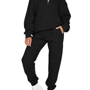 Aleumdr Womens 2 Piece Sweatsuit Sets 2023 Fall Trendy Half Zip Pullover Long Sleeve Sweatshirt Jogger Pants Outfits with Pockets Black XX-Large