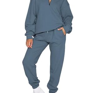 Aleumdr Womens Oversized Half Zip Pullover Long Sleeve Sweatshirt Jogger Pants Lounge Sets 2 Piece Sweatsuit with Pockets Blue-Grey Large