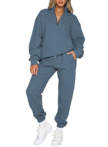 Aleumdr Womens Oversized Half Zip Pullover Long Sleeve Sweatshirt Jogger Pants Lounge Sets 2 Piece Sweatsuit with Pockets Blue-Grey Large