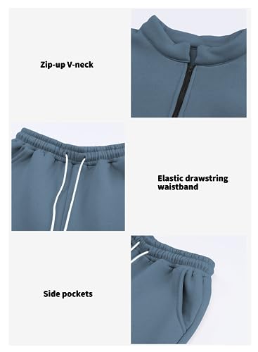 Aleumdr Womens Oversized Half Zip Pullover Long Sleeve Sweatshirt Jogger Pants Lounge Sets 2 Piece Sweatsuit with Pockets Blue-Grey Large