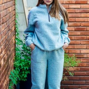 Aleumdr Womens Oversized Half Zip Pullover Long Sleeve Sweatshirt Jogger Pants Lounge Sets 2 Piece Sweatsuit with Pockets Blue-Grey Large