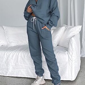 Aleumdr Womens Oversized Half Zip Pullover Long Sleeve Sweatshirt Jogger Pants Lounge Sets 2 Piece Sweatsuit with Pockets Blue-Grey Large