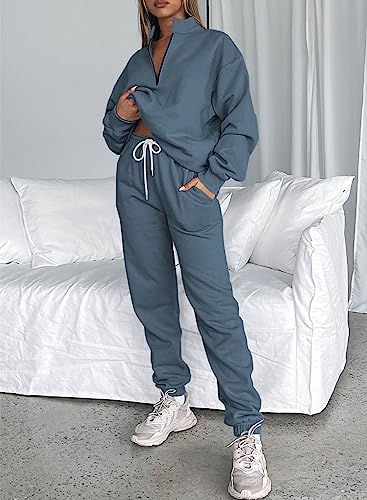 Aleumdr Womens Oversized Half Zip Pullover Long Sleeve Sweatshirt Jogger Pants Lounge Sets 2 Piece Sweatsuit with Pockets Blue-Grey Large