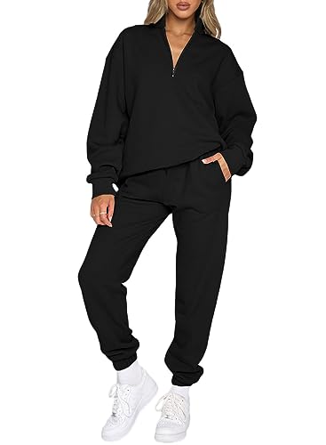 Aleumdr Womens 2 Piece Sweatsuit Sets 2023 Fall Trendy Half Zip Pullover Long Sleeve Sweatshirt Jogger Pants Outfits with Pockets Black Large