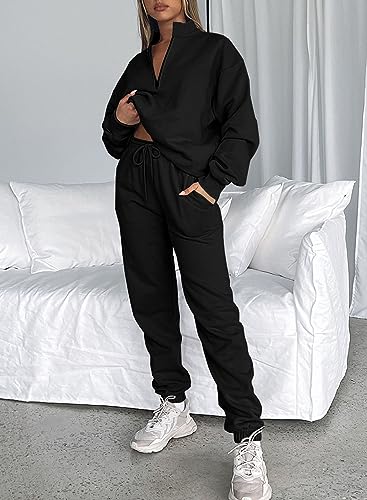 Aleumdr Womens 2 Piece Sweatsuit Sets 2023 Fall Trendy Half Zip Pullover Long Sleeve Sweatshirt Jogger Pants Outfits with Pockets Black Large