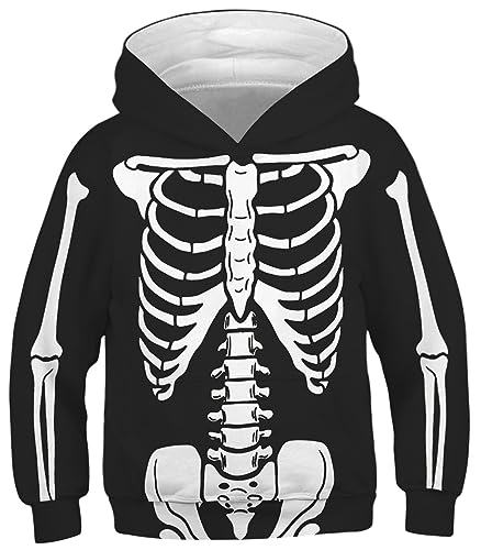 ALUWU Boys Girls Hoodies Kids 3D Print Pullover Sweatshirts With Pocket Cool Funny Long Sleeve Hooded Cute Graphic Comfy Halloween SkeletonHoody for Teens Size 11-12T