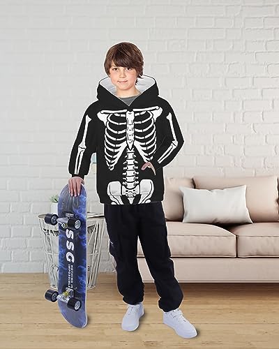 ALUWU Boys Girls Hoodies Kids 3D Print Pullover Sweatshirts With Pocket Cool Funny Long Sleeve Hooded Cute Graphic Comfy Halloween SkeletonHoody for Teens Size 11-12T