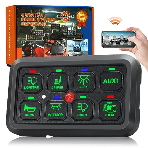 GEARZAAR 8 Gang Switch Panel with APP RGB Automatic Dimmable On-Off LED Switch Panel, Toggle Momentary Pulsed Bluetooth Electronic Relay System 12-24V IP65 Waterproof for Pickup Jeep UTV SUV Marine