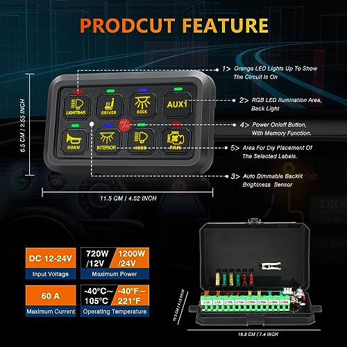 GEARZAAR 8 Gang Switch Panel with APP RGB Automatic Dimmable On-Off LED Switch Panel, Toggle Momentary Pulsed Bluetooth Electronic Relay System 12-24V IP65 Waterproof for Pickup Jeep UTV SUV Marine