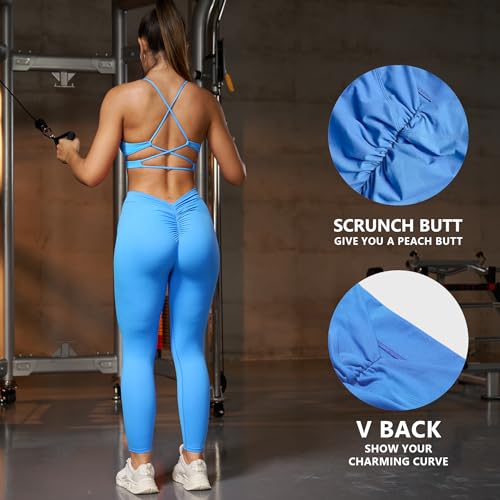 YEOREO Gym Leggings for Women V Back Workout Leggings Scrunch Butt Lifting Leggings for Women High Waist Booty Yoga Pants Daze Womens Leggings Light Blue Small