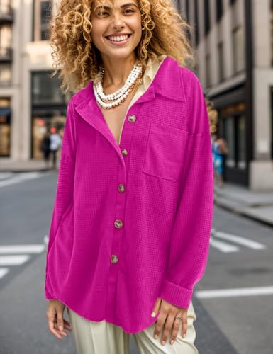 WIHOLL Womens Button Up Maternity Heavy Shirts Hot Pink Fall 2023 Outfits - Long Sleeve Tops Plus Size Jacket Fashion Barbie Clothes Office Casual Blouses XXL