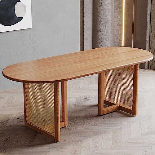 47.2inches Modern Pine Solid Wood Dining Table - Farmhouse Oval Dinette Table with Rattan Double Pedestal - Mid-Century Kitchen and Dining Room Furniture