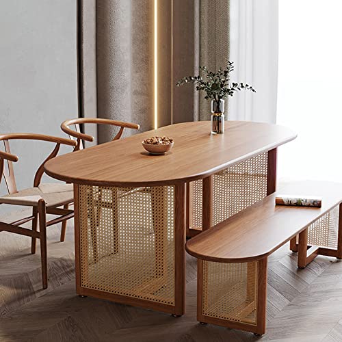 47.2inches Modern Pine Solid Wood Dining Table - Farmhouse Oval Dinette Table with Rattan Double Pedestal - Mid-Century Kitchen and Dining Room Furniture