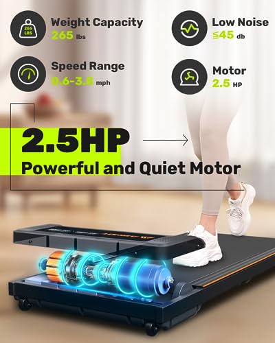 AIRHOT Walking Pad Treadmill, 2.5HP Under Desk Treadmill with Remote Control & LED Display, Quiet Desk Treadmill for Compact Space, Portable Treadmill for Home Office Use, Black