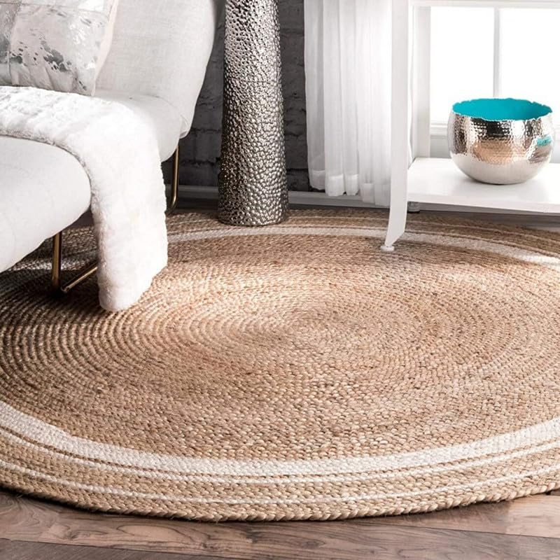 Sanwariya Rugs Export 4x4, 5x5, 6x6,Feet Natural Jute Scallop Round Rug, Floor Scalloped Edge Rug Braided Boho Eco Large Circular Handmade Area Rugs