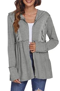 deesha full zip up hoodie for women pleated tiered ruffle hooded sweatshirts jacket coat long sleeve black(grey, 3x-large)