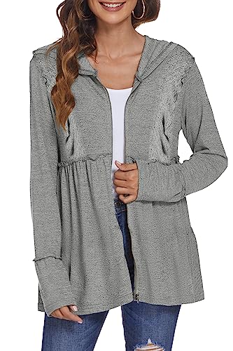 DEESHA Full Zip Up Hoodie for Women Pleated Tiered Ruffle Hooded Sweatshirts Jacket Coat Long Sleeve Black(Grey, 3X-Large)