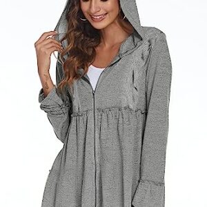 DEESHA Full Zip Up Hoodie for Women Pleated Tiered Ruffle Hooded Sweatshirts Jacket Coat Long Sleeve Black(Grey, 3X-Large)