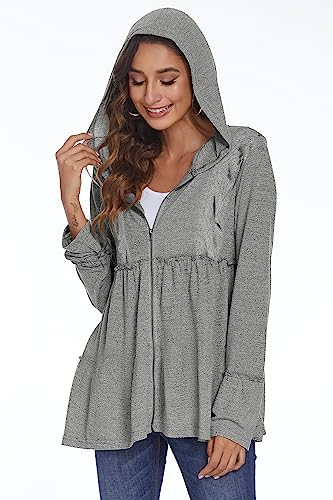 DEESHA Full Zip Up Hoodie for Women Pleated Tiered Ruffle Hooded Sweatshirts Jacket Coat Long Sleeve Black(Grey, 3X-Large)