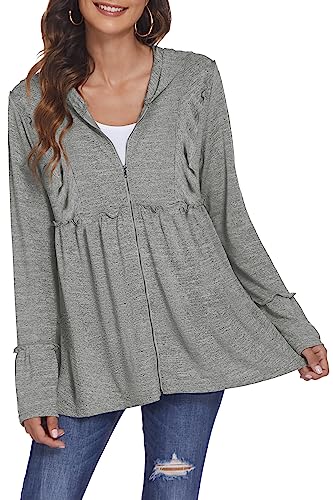 DEESHA Full Zip Up Hoodie for Women Pleated Tiered Ruffle Hooded Sweatshirts Jacket Coat Long Sleeve Black(Grey, 3X-Large)