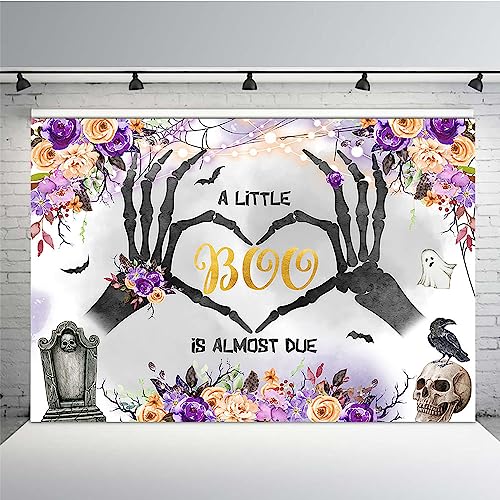 MEHOFOND 7x5ft Halloween Baby Shower Backdrop A Little Boo is Almost Due Purple Orange Floral Grey Watercolor Background Boos Tombstone Skull Crow Photo Booth Props