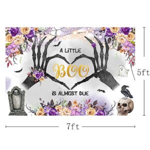 MEHOFOND 7x5ft Halloween Baby Shower Backdrop A Little Boo is Almost Due Purple Orange Floral Grey Watercolor Background Boos Tombstone Skull Crow Photo Booth Props