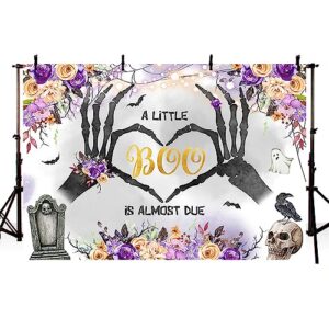 MEHOFOND 7x5ft Halloween Baby Shower Backdrop A Little Boo is Almost Due Purple Orange Floral Grey Watercolor Background Boos Tombstone Skull Crow Photo Booth Props