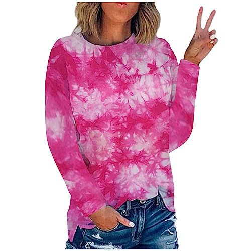 Summer Tops 2023 Summer Tie Dye Mujeres Tops Gradient Mangas Largas Camisetas Túnica Cuello Redondo Otoño Invierno Sudadera Pullover Tees S1-Hot Pink Medium