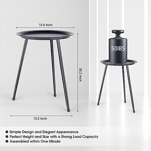 Side Table Round, Small End Table Metal, Plant Stand Indoor Outdoor, Mini Bedside Table for Living Room, Bedroom, Bed Side, Sofa Side, Patio, Mid Century Modern Decor for Small Spaces, Black