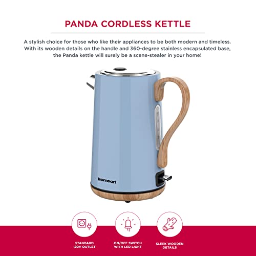 Homeart Panda Cordless Electric Kettle with Wood Detail and 4-Slice Retro Toaster Combo, Powder Blue