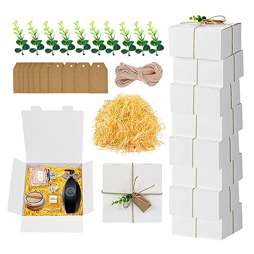 32Pcs Gift Boxes Set 10 Bridesmaid Proposal Boxes with Ribbon,10 Kraft Gift Tags and Plastic Eucalyptus Leaves Stems 1 Cut Paper Shred 1 Twine Rope,White Gift Boxes for Wedding,Christmas,Birthday,Present