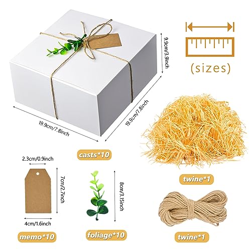 32Pcs Gift Boxes Set 10 Bridesmaid Proposal Boxes with Ribbon,10 Kraft Gift Tags and Plastic Eucalyptus Leaves Stems 1 Cut Paper Shred 1 Twine Rope,White Gift Boxes for Wedding,Christmas,Birthday,Present