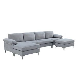 Eafurn U-Shaped Sectional w/Reversible Chaise Lounge and Ottoman, 128.3”5-Seater Convertible Corner Modern Design Comfy Sofa & Couch for Living Room Office, Grey