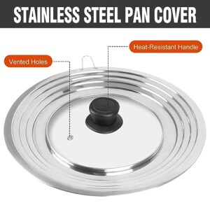 Universal Lid for Pots and Pans Skillets, Stainless Steel Pan Cover fit Fits 8.2-12.5 Inch Cookware, Large Replacement Frying Pan Cover, Cast Iron Skillet Pot Lids with Heat Resistant Knob