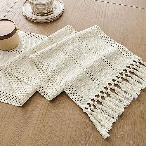 ZeeMart Macrame Style Boho Table Runner, Ivory Table Runners 72 Inches Long, Farmhouse Woven Home Decor, 12x72 Inch, Ivory