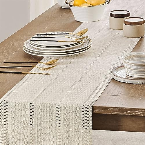 ZeeMart Macrame Style Boho Table Runner, Ivory Table Runners 72 Inches Long, Farmhouse Woven Home Decor, 12x72 Inch, Ivory