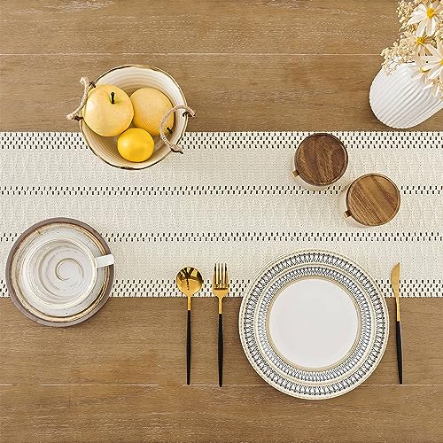 ZeeMart Macrame Style Boho Table Runner, Ivory Table Runners 72 Inches Long, Farmhouse Woven Home Decor, 12x72 Inch, Ivory
