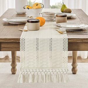 ZeeMart Macrame Style Boho Table Runner, Ivory Table Runners 72 Inches Long, Farmhouse Woven Home Decor, 12x72 Inch, Ivory